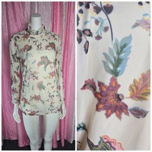 Coldwater Creek Floral Mesh Lined Cream Mock Neck Blouse Size Medium Petite